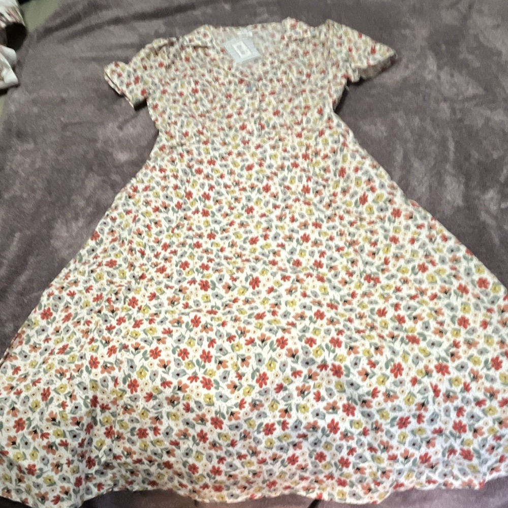 Tulip b Womens S Floral Dress White Multicolor V-Neck Short Sleeve Long
